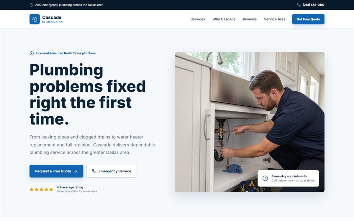 Homepage of the Cascade Plumbing Co. concept website, headline Plumbing problems fixed right the first time, beside a photo of a plumber working under a kitchen sink