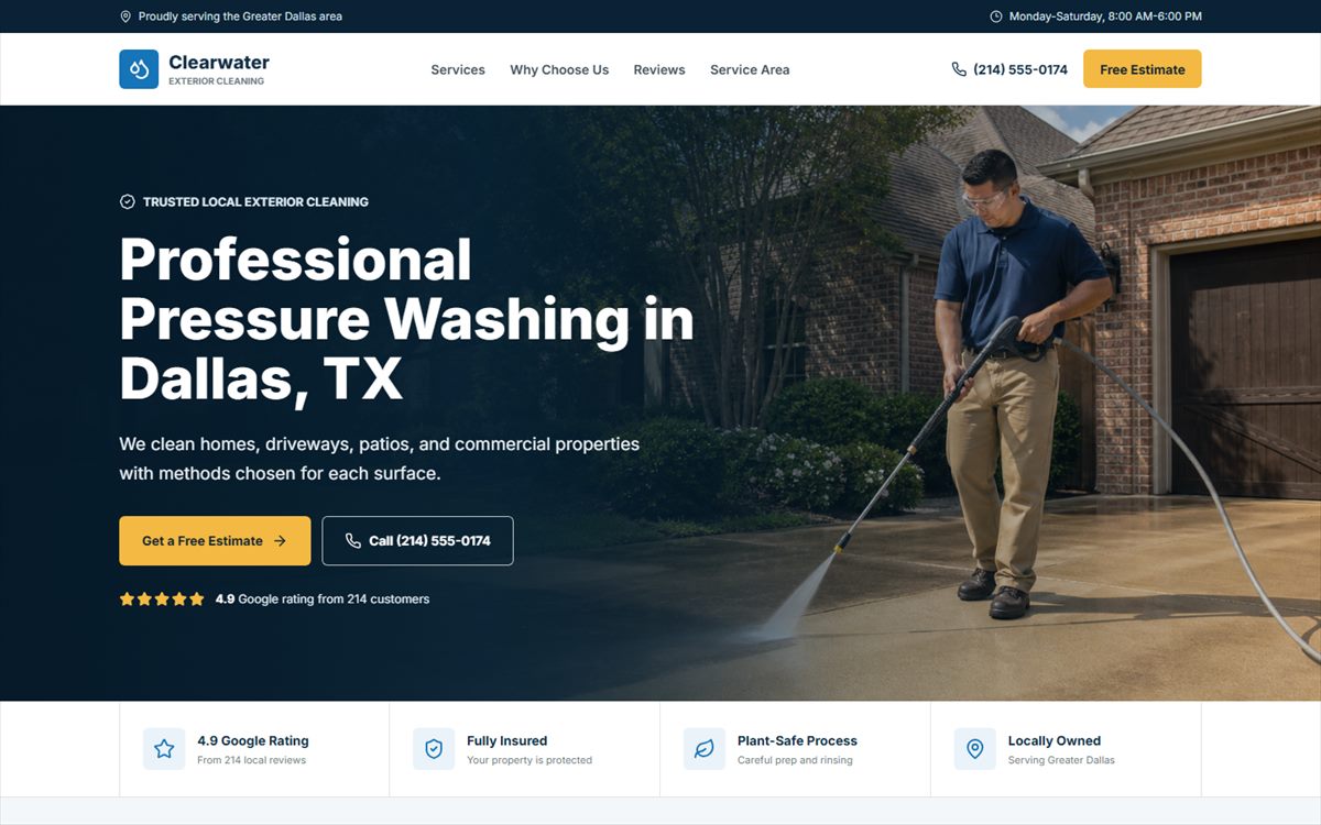 Homepage of the Clearwater Exterior concept website, headline Professional Pressure Washing in Dallas, TX