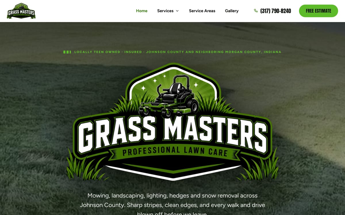 Homepage of the Grass Masters Professional Lawn Care website showing the company logo over a photo of a freshly striped lawn, above the line Locally teen owned, insured, Johnson County and neighboring Morgan County, Indiana
