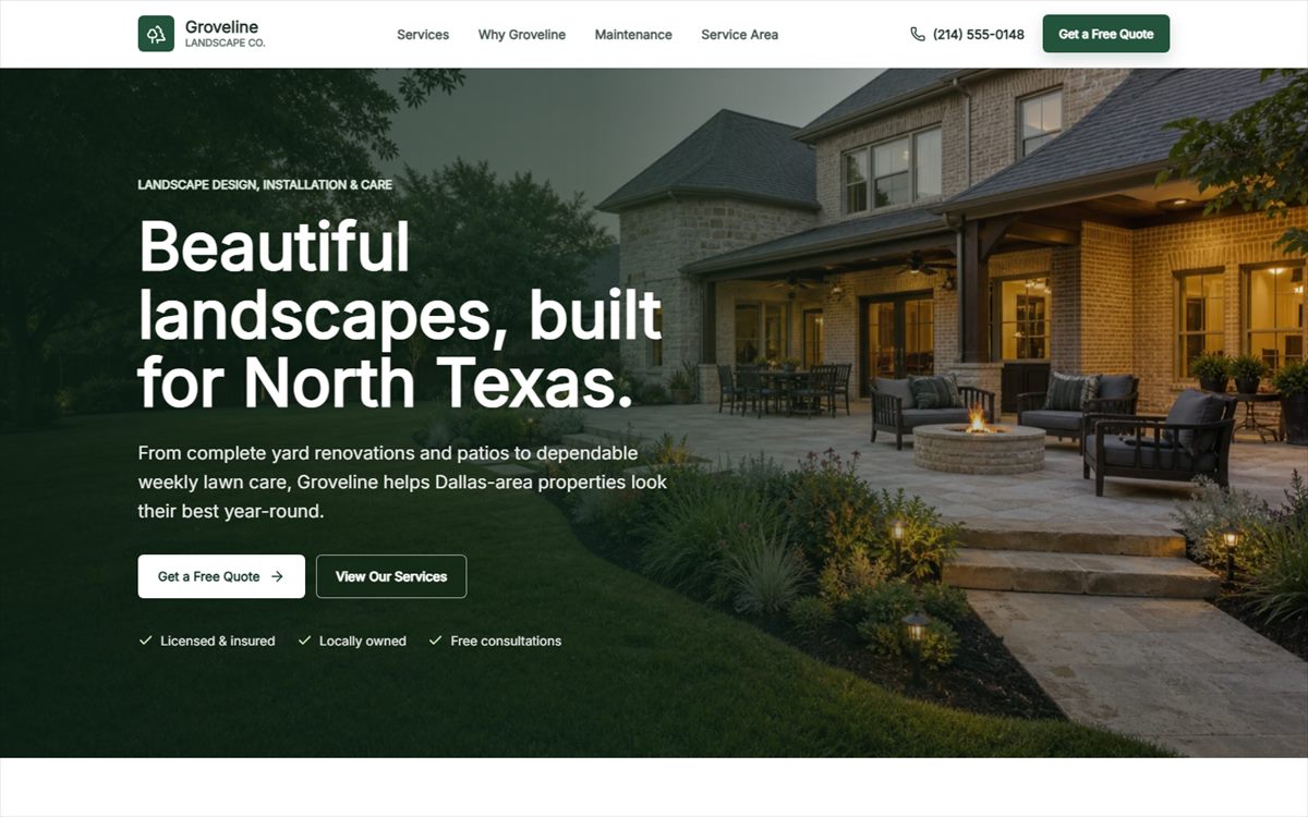 Homepage of the Groveline Landscape Co. concept website, headline Beautiful landscapes, built for North Texas