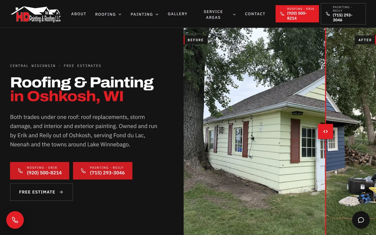 Homepage of the HD Painting & Roofing website showing the headline Roofing & Painting in Oshkosh, WI beside a before and after slider of a house repainted from pale green to navy blue