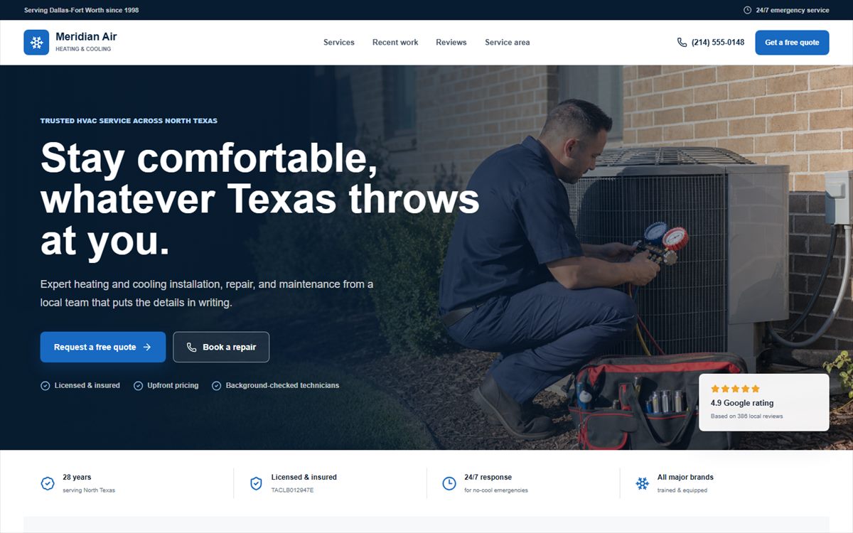 Homepage of the Meridian Air concept website, headline Stay comfortable, whatever Texas throws at you, over a photo of an HVAC technician servicing an outdoor unit
