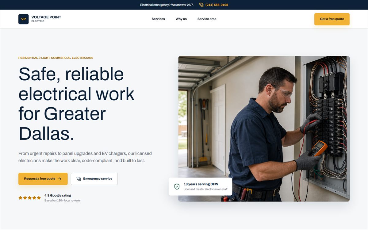 Homepage of the Voltage Point Electric concept website, headline Safe, reliable electrical work for Greater Dallas
